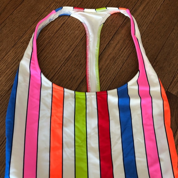 Aerie One Piece Swimsuit Neon Stripes Raceback Cheeky Size Small NWOT - Picture 2 of 5